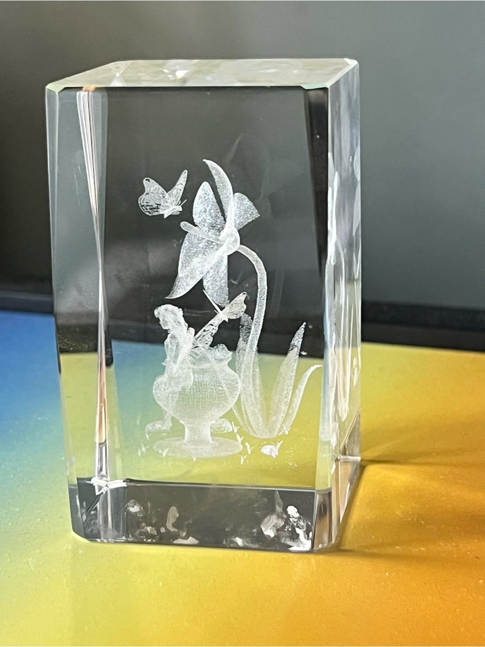 Glass  3D Etched Flower & Fairy Block - Clear